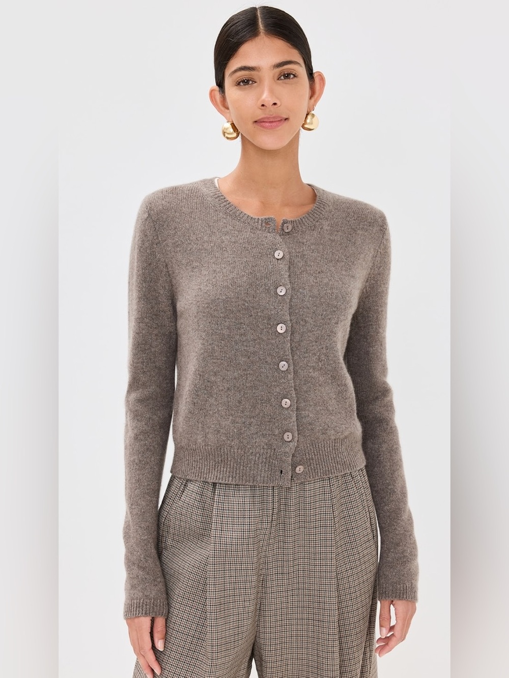 Reformation Taupe Crewneck Button-Front Cardigan